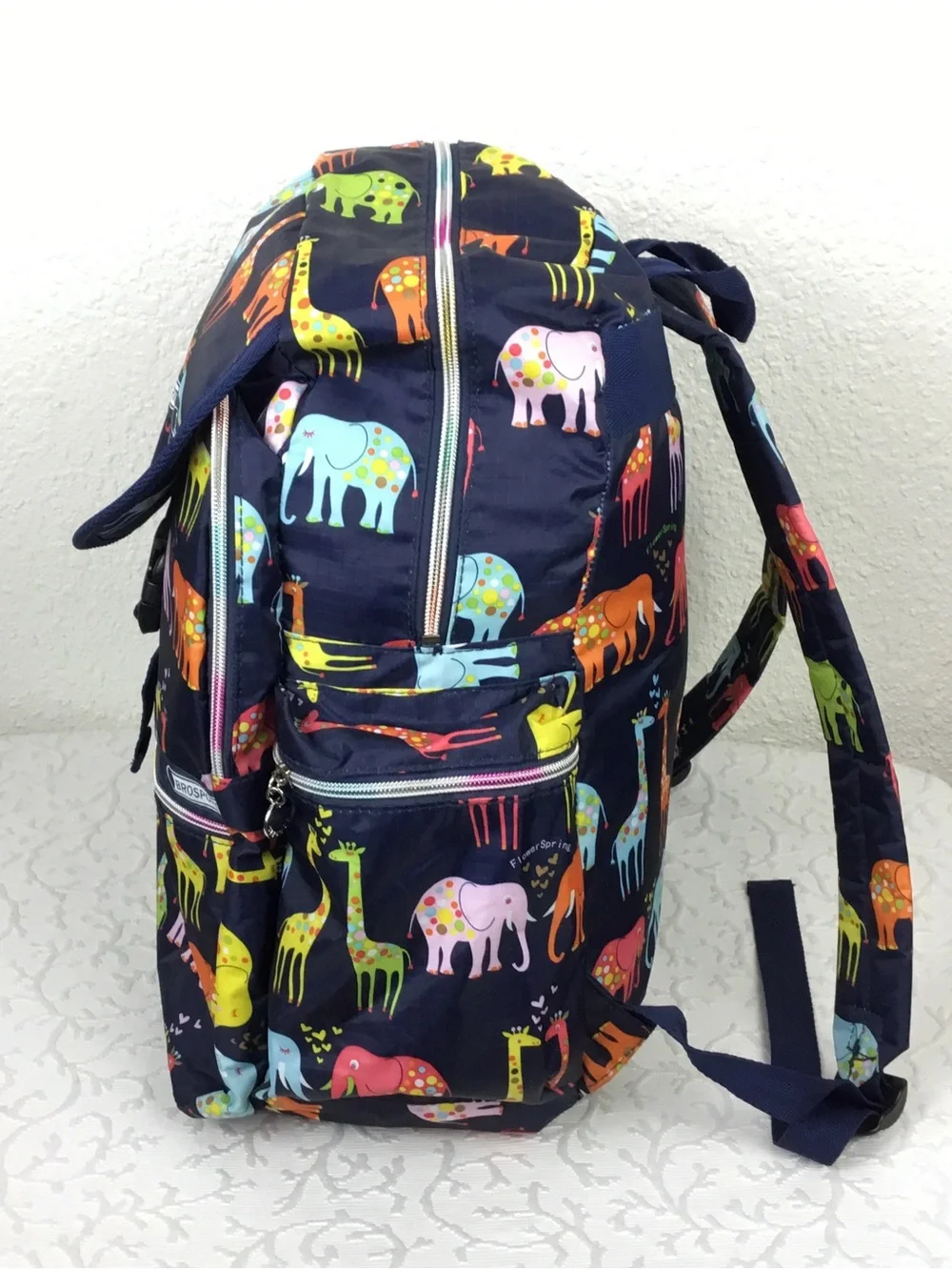 Colorful Giraffe & Elephant Print Navy Backpack